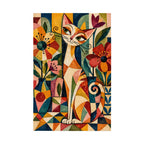White-background finished diamond painting of a golden cat among colorful geometric flowers and leafy garden patterns with sparkling drills