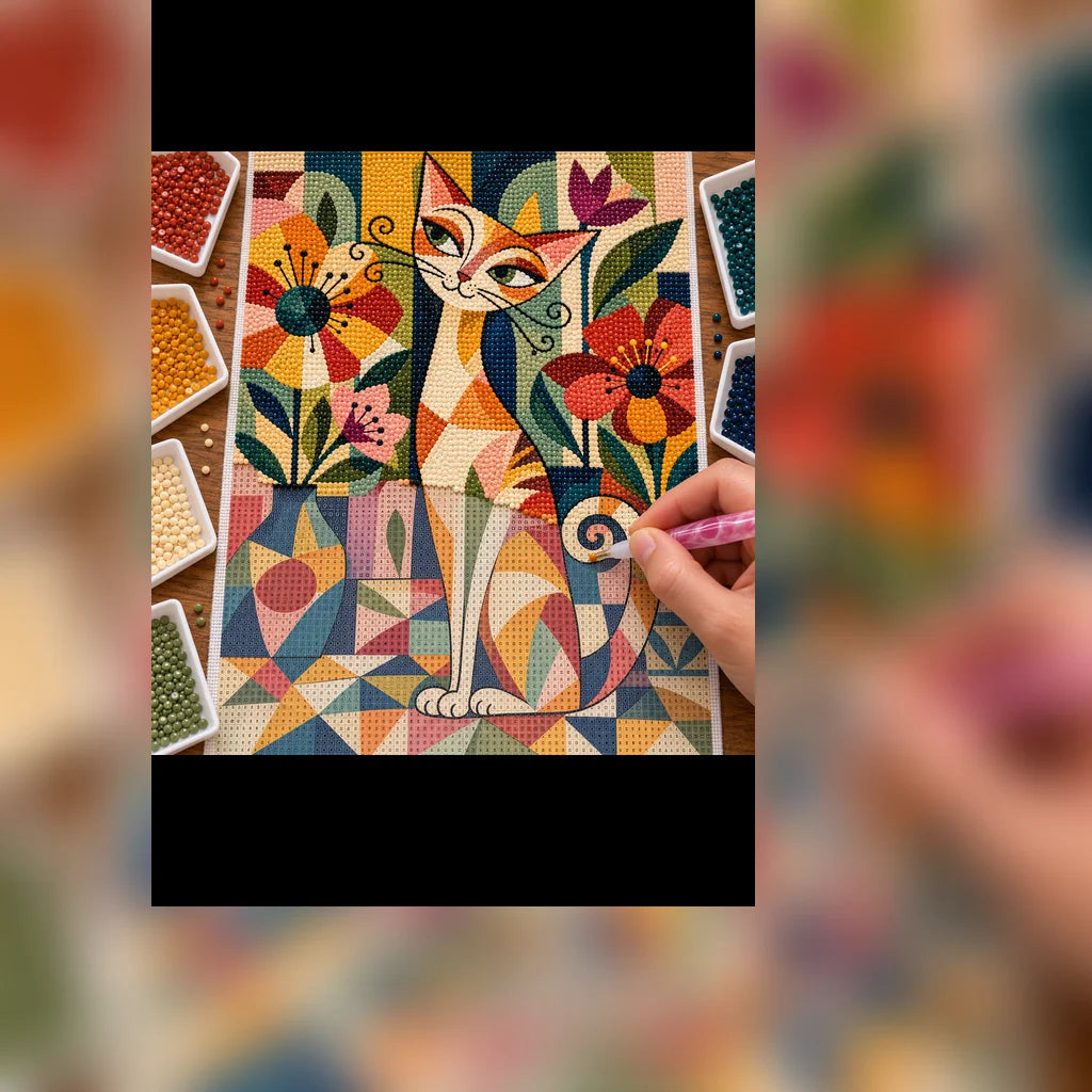 Diamond painting process showing a golden cat among colorful geometric flowers and leafy garden patterns being completed with a stylus
