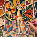 Diamond painting process showing a golden cat among colorful geometric flowers and leafy garden patterns being completed with a stylus