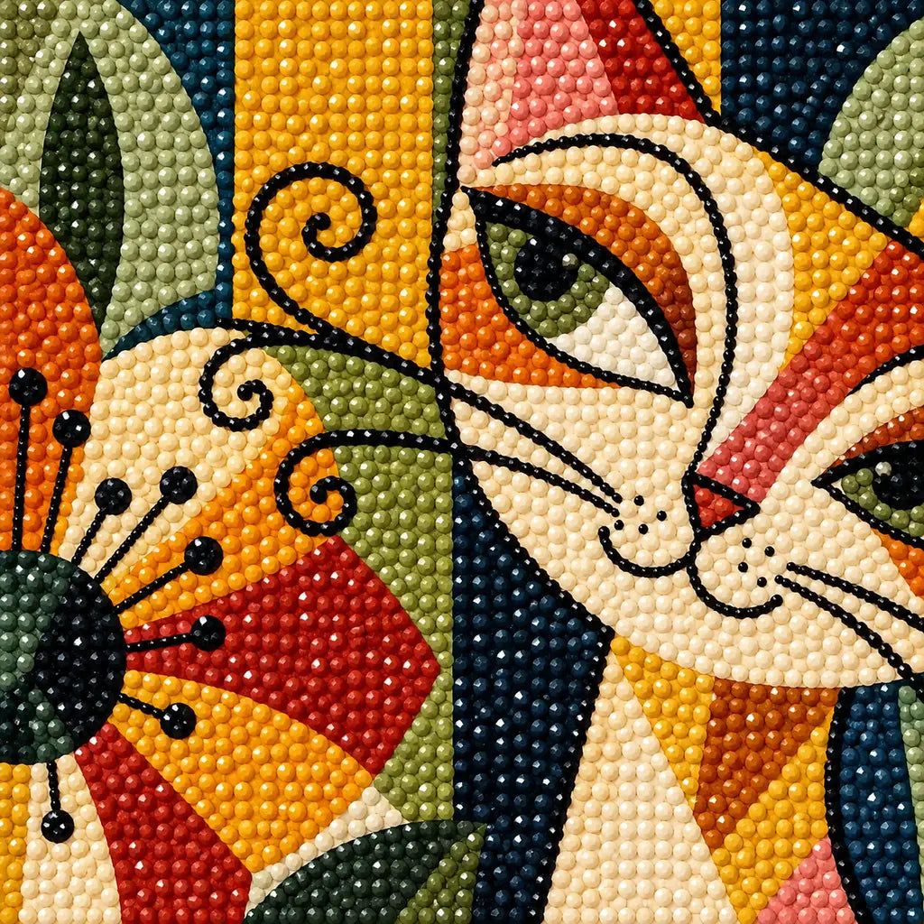 Close-up diamond drill detail of a golden cat among colorful geometric flowers and leafy garden patterns artwork