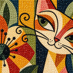 Close-up diamond drill detail of a golden cat among colorful geometric flowers and leafy garden patterns artwork