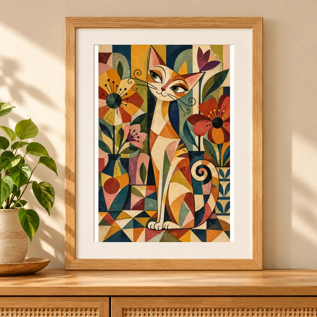 Framed a golden cat among colorful geometric flowers and leafy garden patterns diamond painting displayed as home decor
