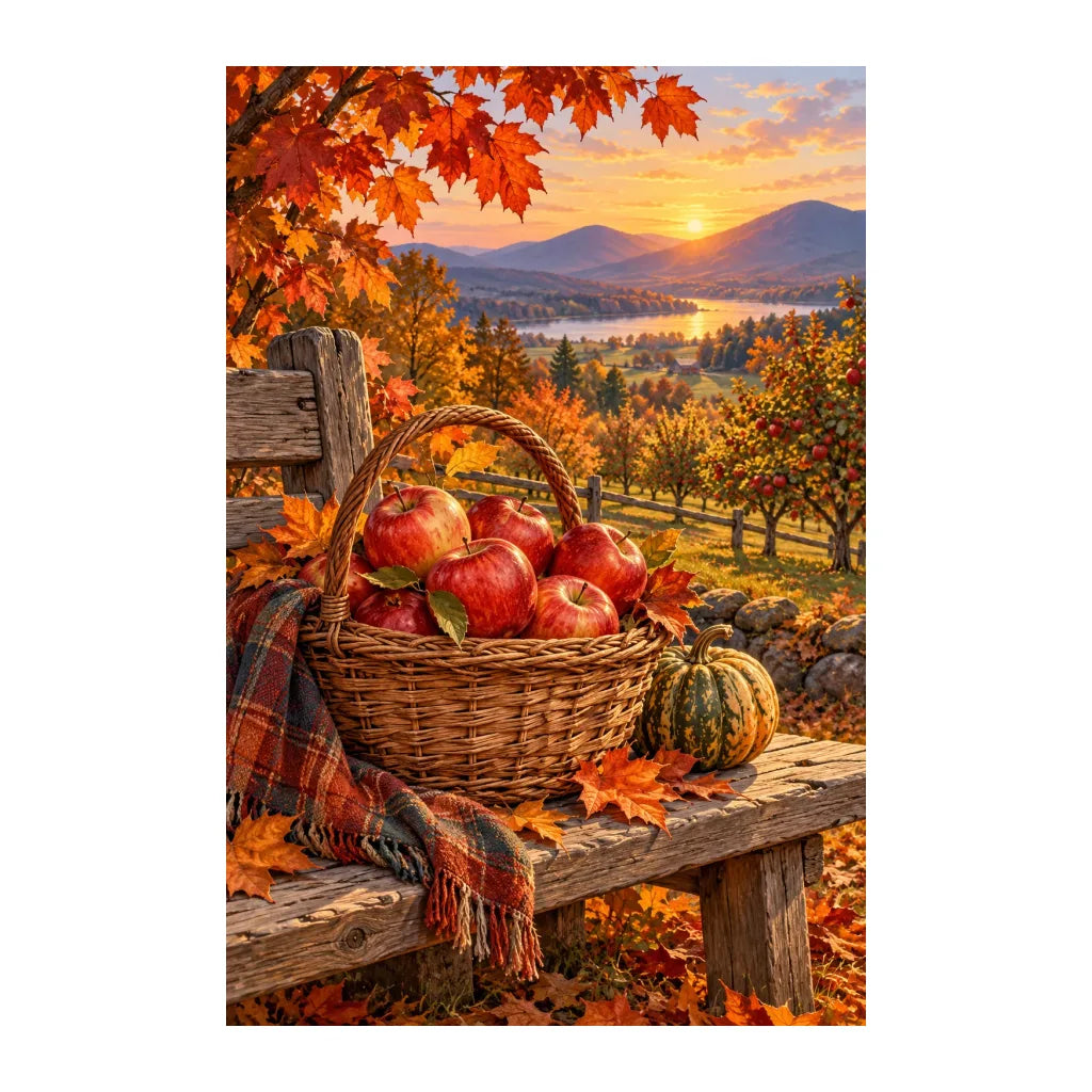 White-background original artwork of harvest apple basket