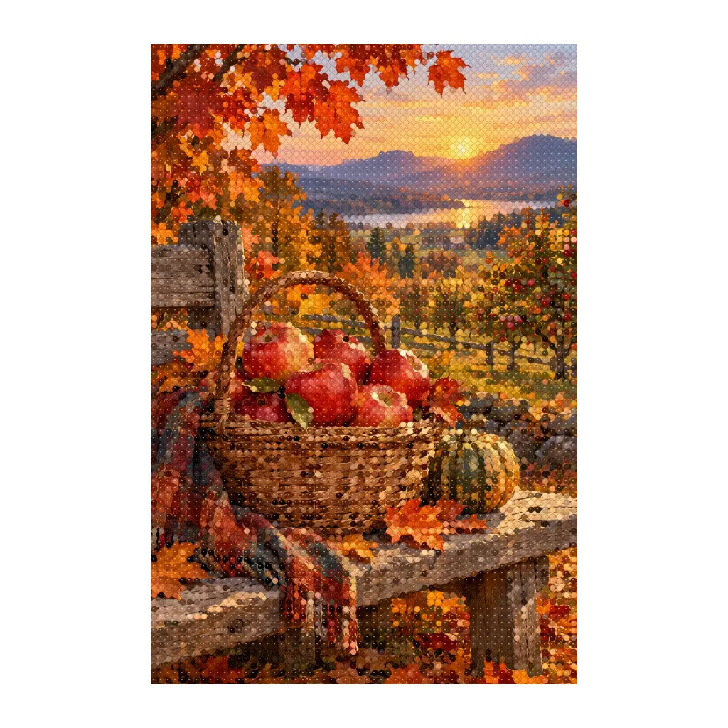 White-background finished diamond painting of harvest apple basket