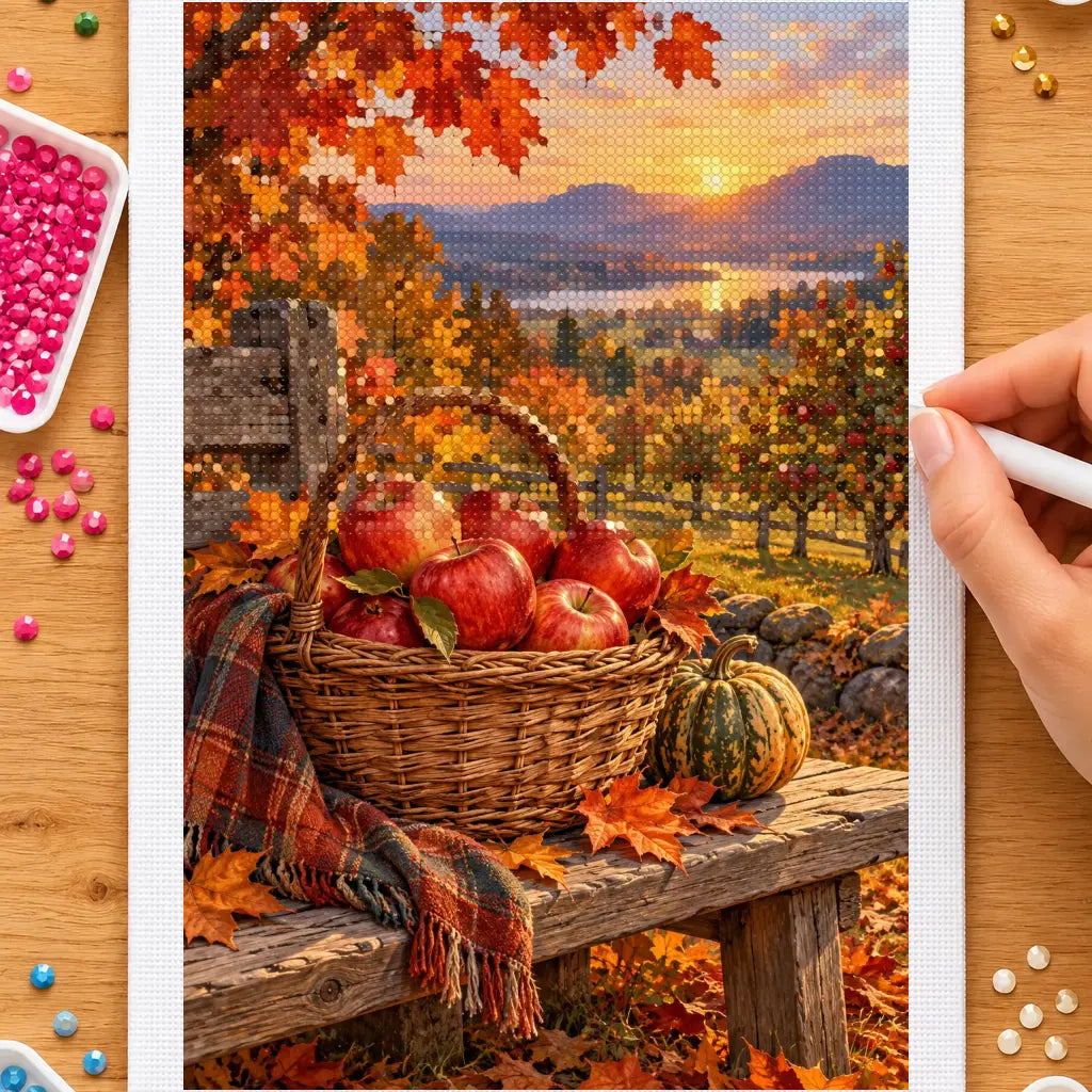 Hands placing drills on the harvest apple basket diamond painting canvas