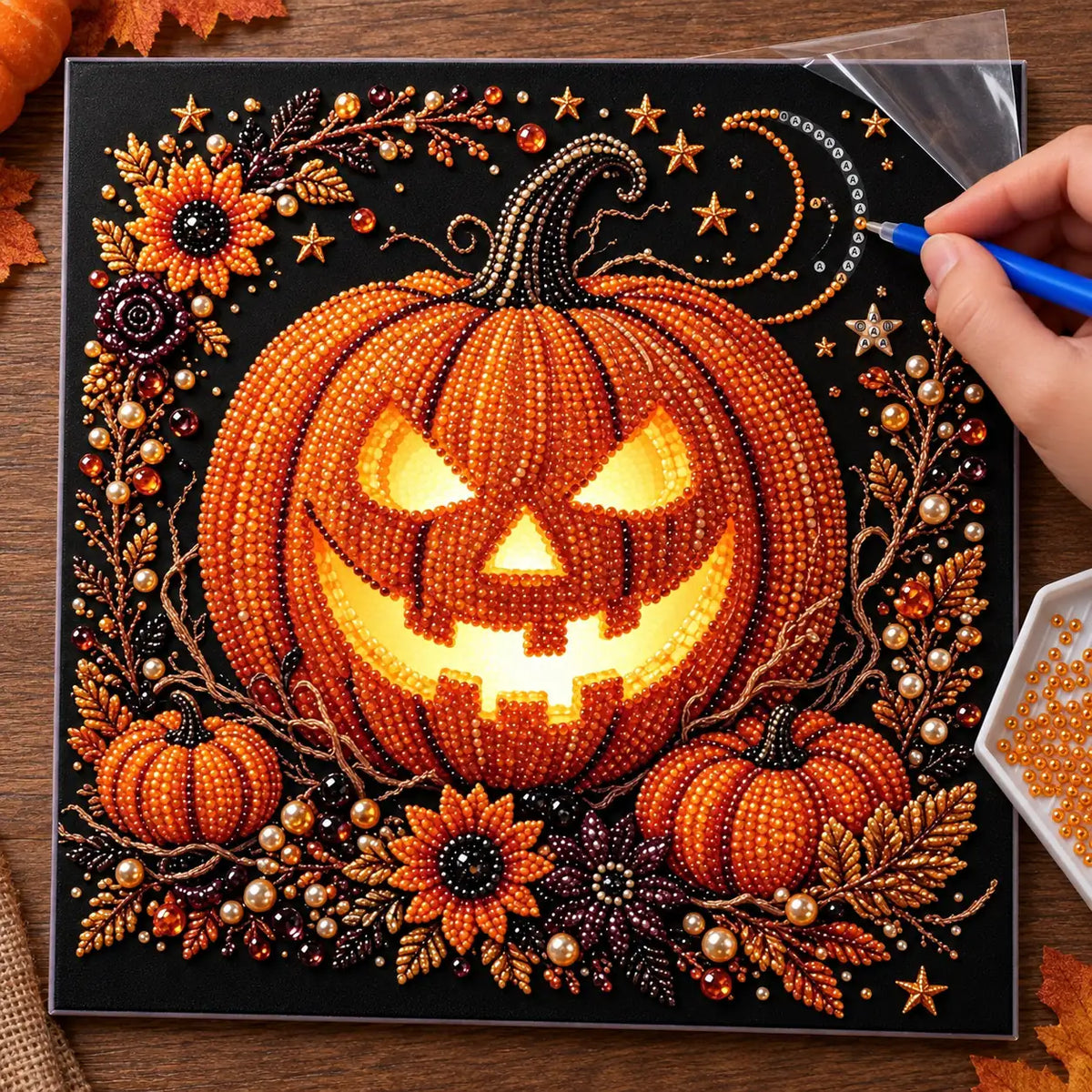 Harvest Moon Jack-o-Lantern Pearl Diamond Painting Kit process image