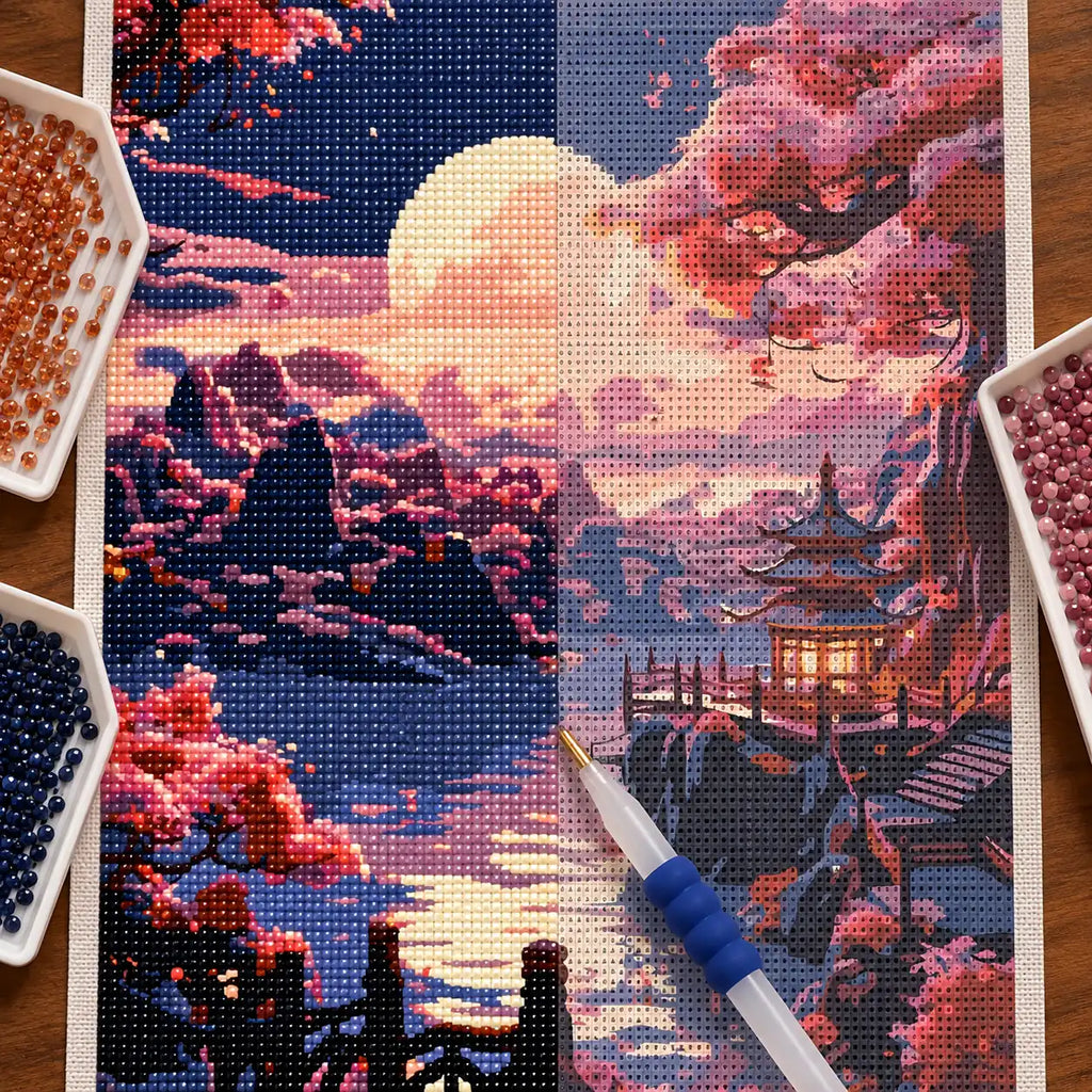 Diamond painting process for Harvest Moon Over Quiet Waters Diamond Painting Kit