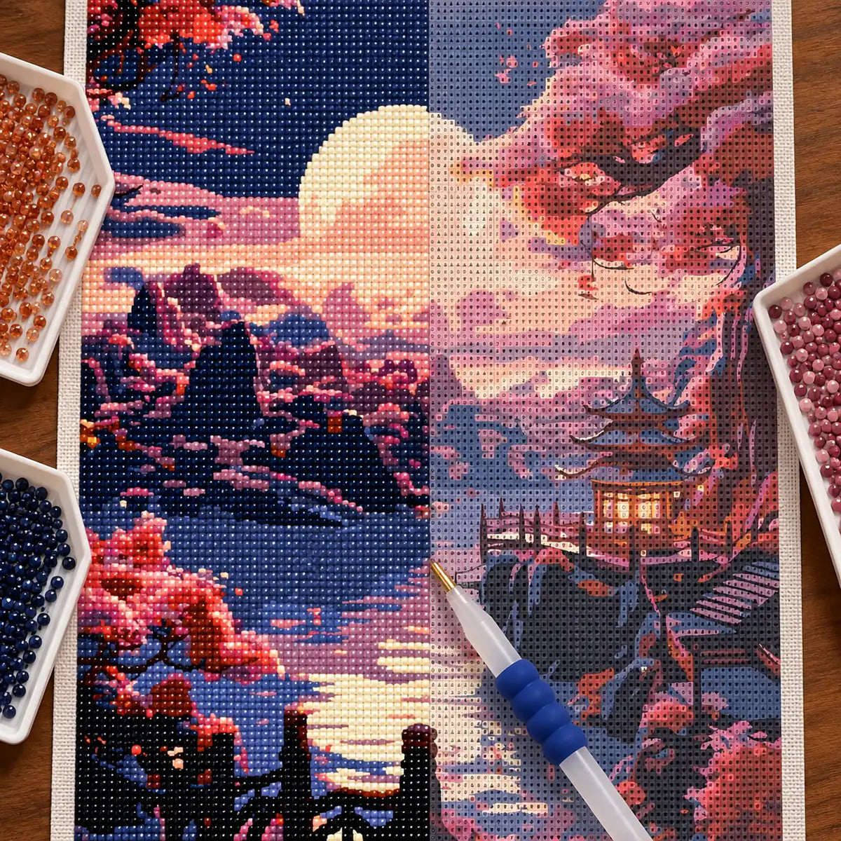 Diamond painting process for Harvest Moon Over Quiet Waters Diamond Painting Kit