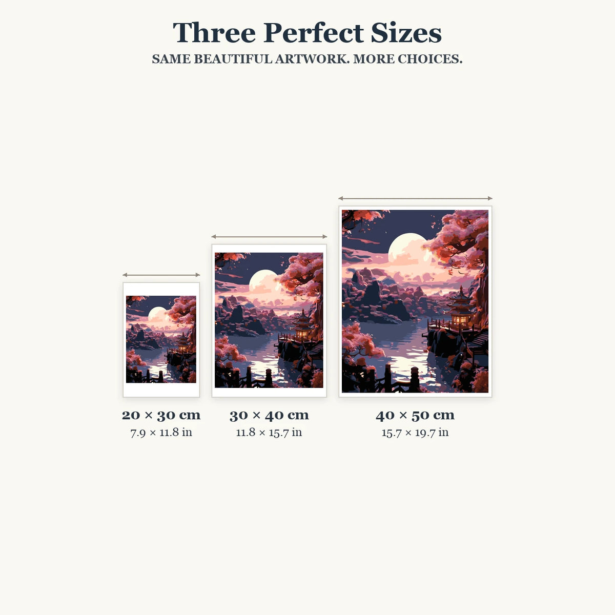 Size guide for Harvest Moon Over Quiet Waters Diamond Painting Kit