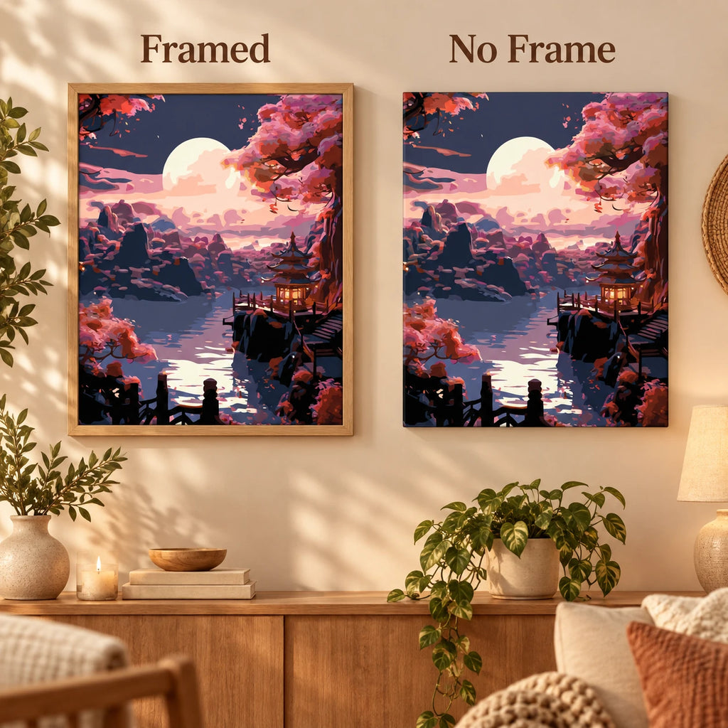 Framed and no-frame comparison for Harvest Moon Over Quiet Waters Diamond Painting Kit
