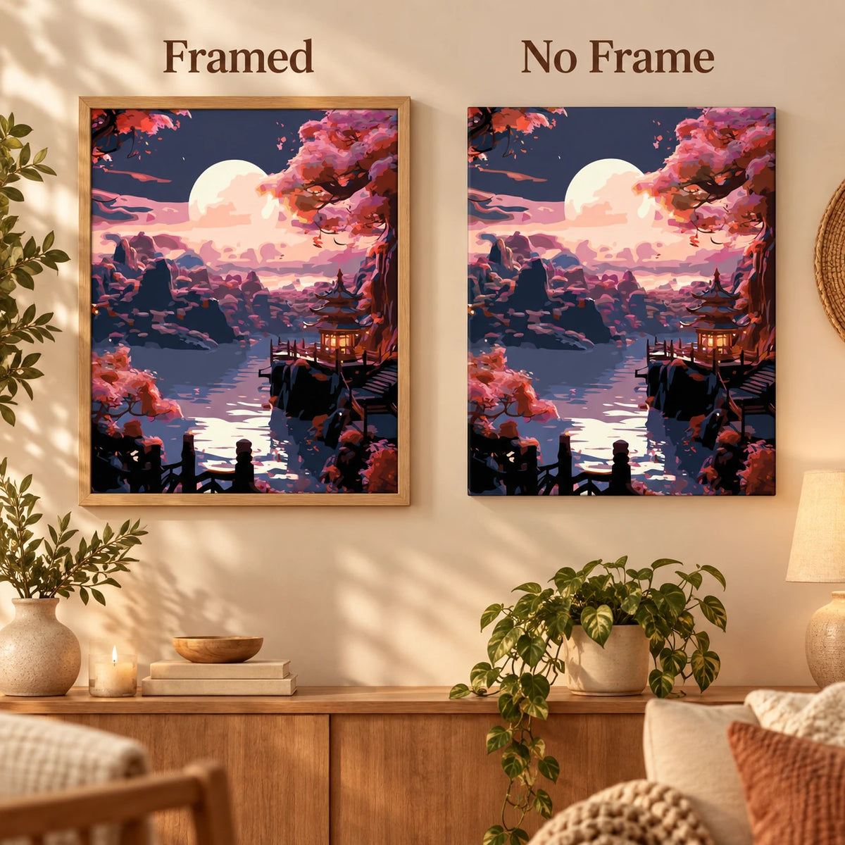Framed and no-frame comparison for Harvest Moon Over Quiet Waters Diamond Painting Kit