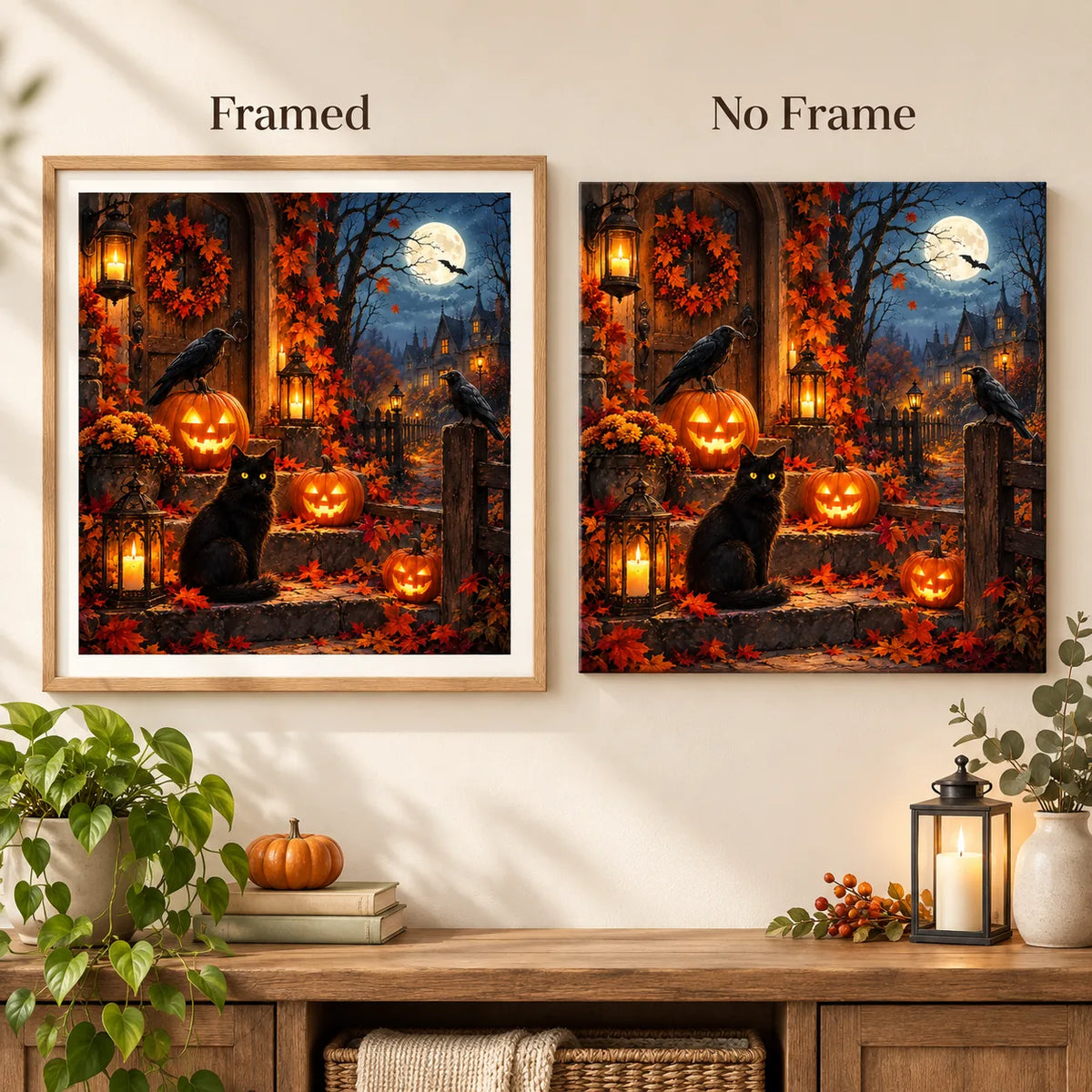 Framed and no-frame comparison for Harvest Night Guardians Diamond Painting Kit