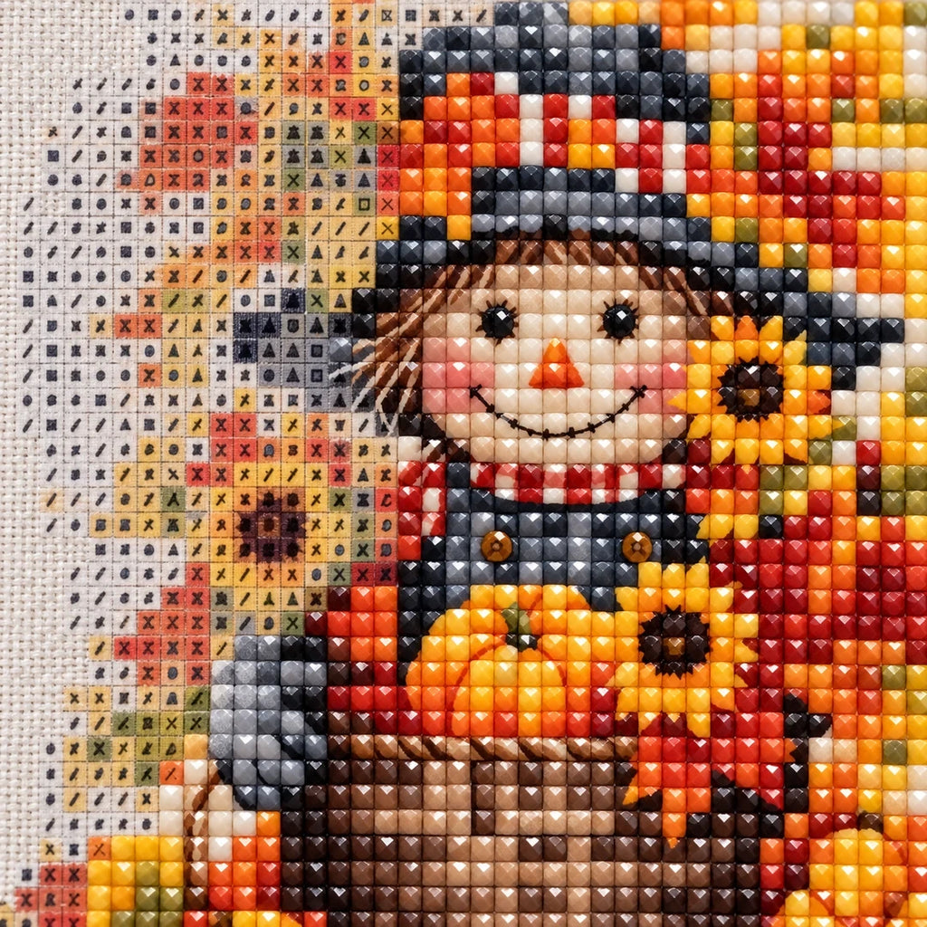 Harvest Scarecrow Pumpkin Diamond Painting Kit diamond and canvas detail