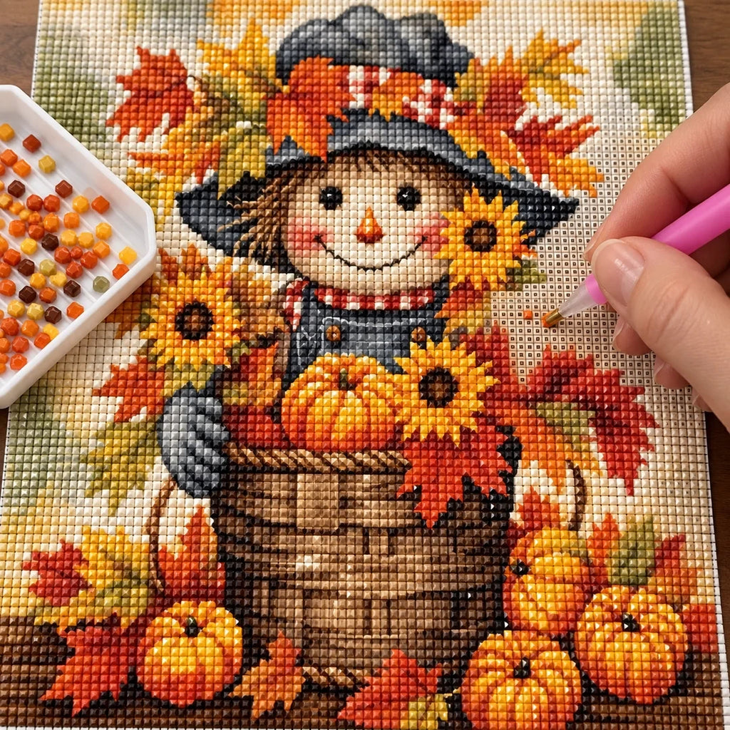 Harvest Scarecrow Pumpkin Diamond Painting Kit diamond placement process