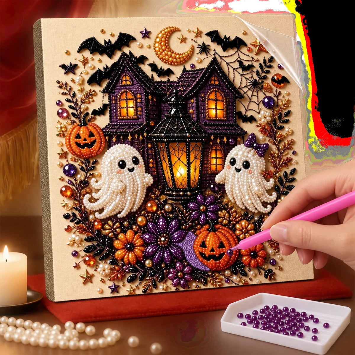 Haunted House and Ghosts Pearl Diamond Painting Kit process image