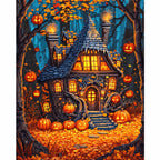 Haunted Pumpkin Cottage Diamond Painting Kit finished diamond artwork on white background