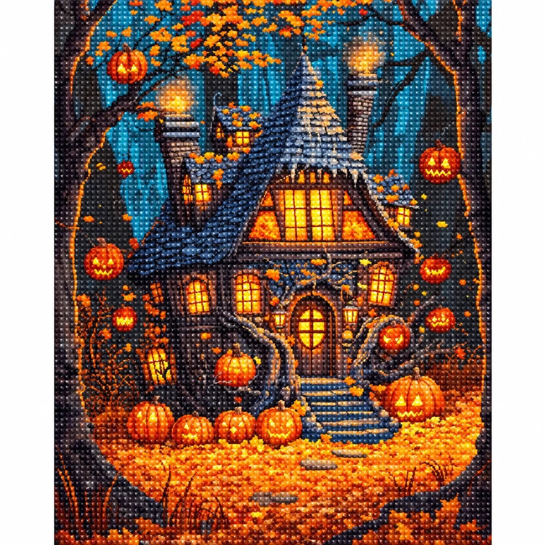 Haunted Pumpkin Cottage Diamond Painting Kit finished diamond artwork on white background