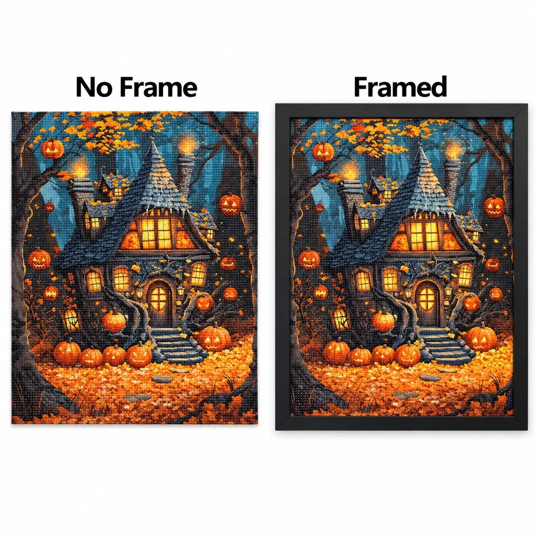 Haunted Pumpkin Cottage Diamond Painting Kit No Frame and Framed comparison