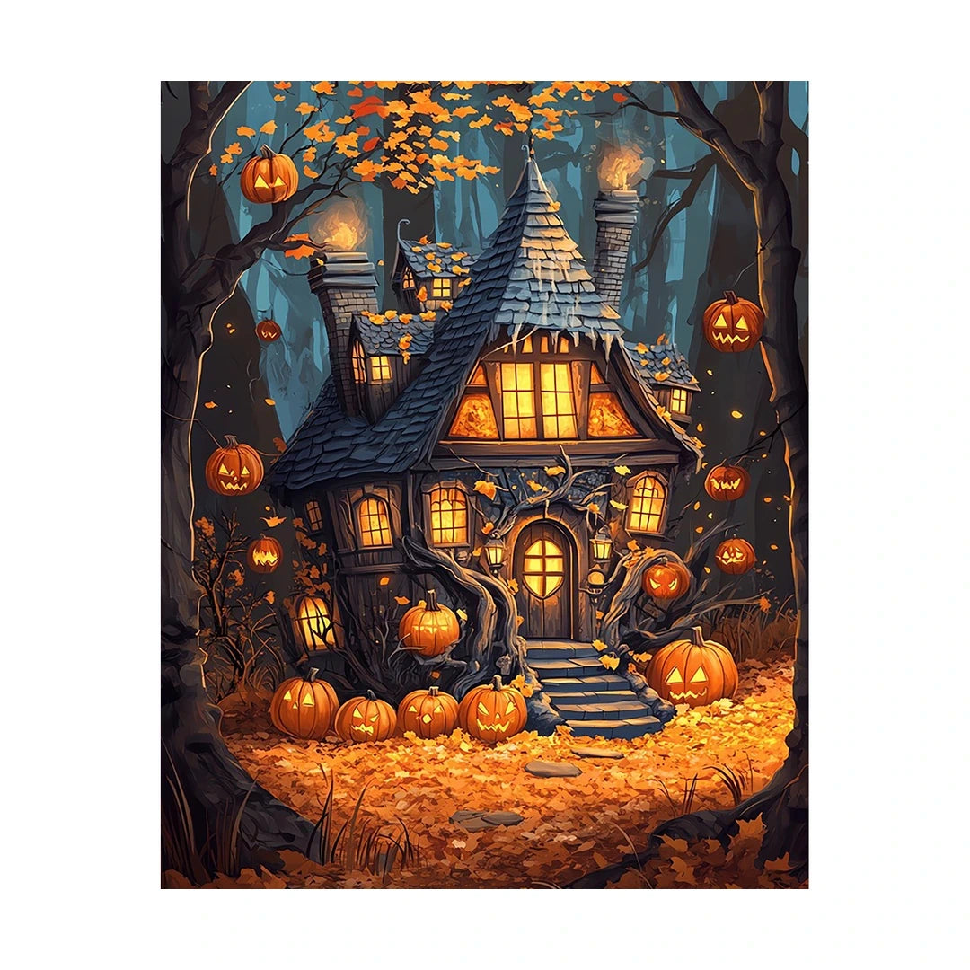 Haunted Pumpkin Cottage Diamond Painting Kit original artwork on white background