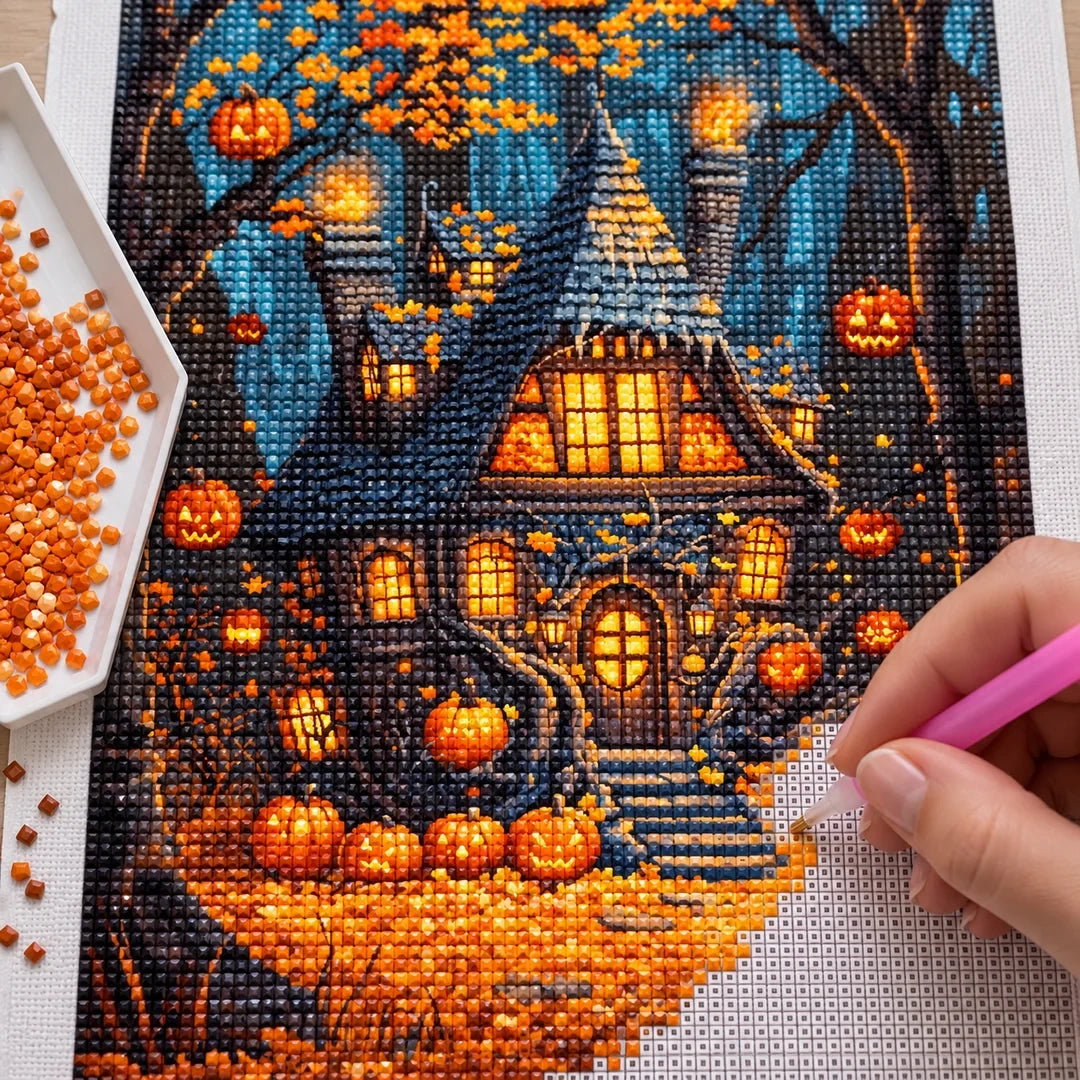 Haunted Pumpkin Cottage Diamond Painting Kit diamond placement process