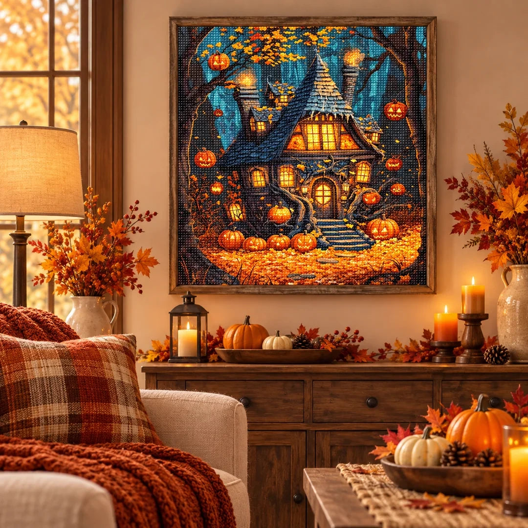 Haunted Pumpkin Cottage Diamond Painting Kit autumn home decor scene