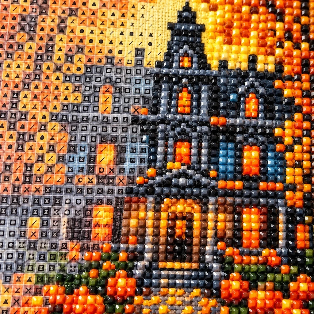 Haunted Pumpkin Mansion Diamond Painting Kit diamond and canvas detail