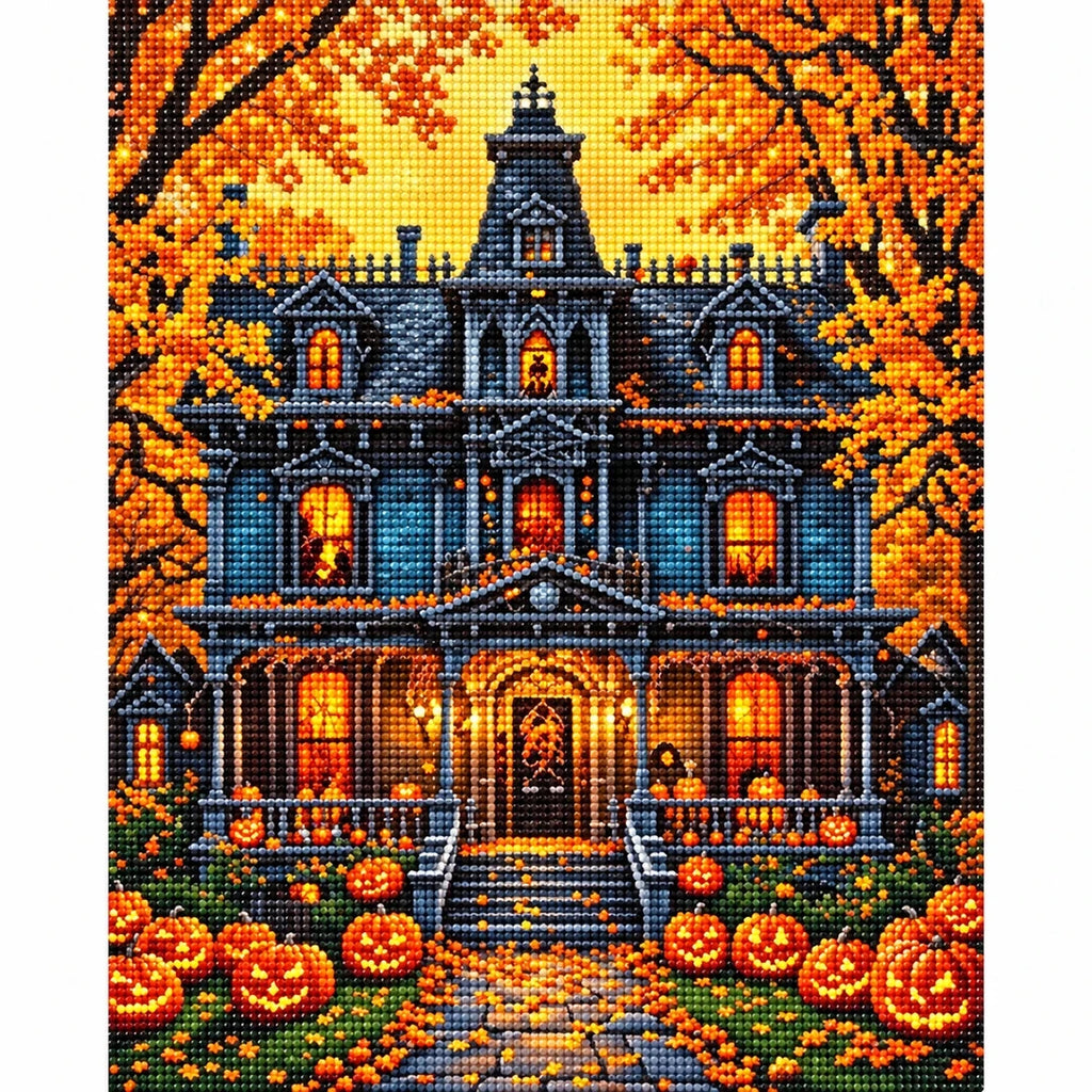 Haunted Pumpkin Mansion Diamond Painting Kit finished diamond artwork on white background