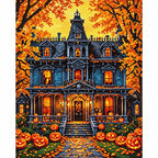 Haunted Pumpkin Mansion Diamond Painting Kit finished diamond artwork on white background