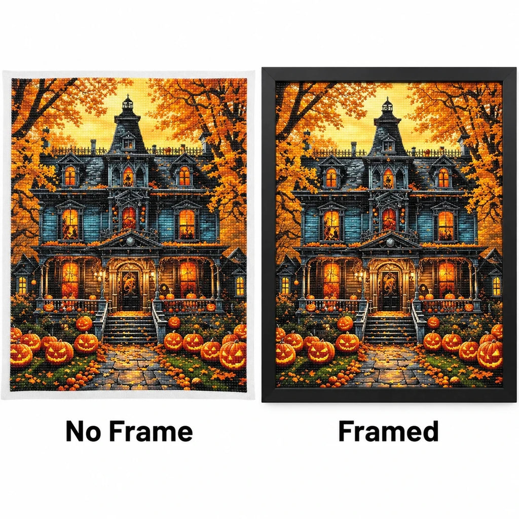 Haunted Pumpkin Mansion Diamond Painting Kit No Frame and Framed comparison