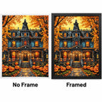 Haunted Pumpkin Mansion Diamond Painting Kit No Frame and Framed comparison