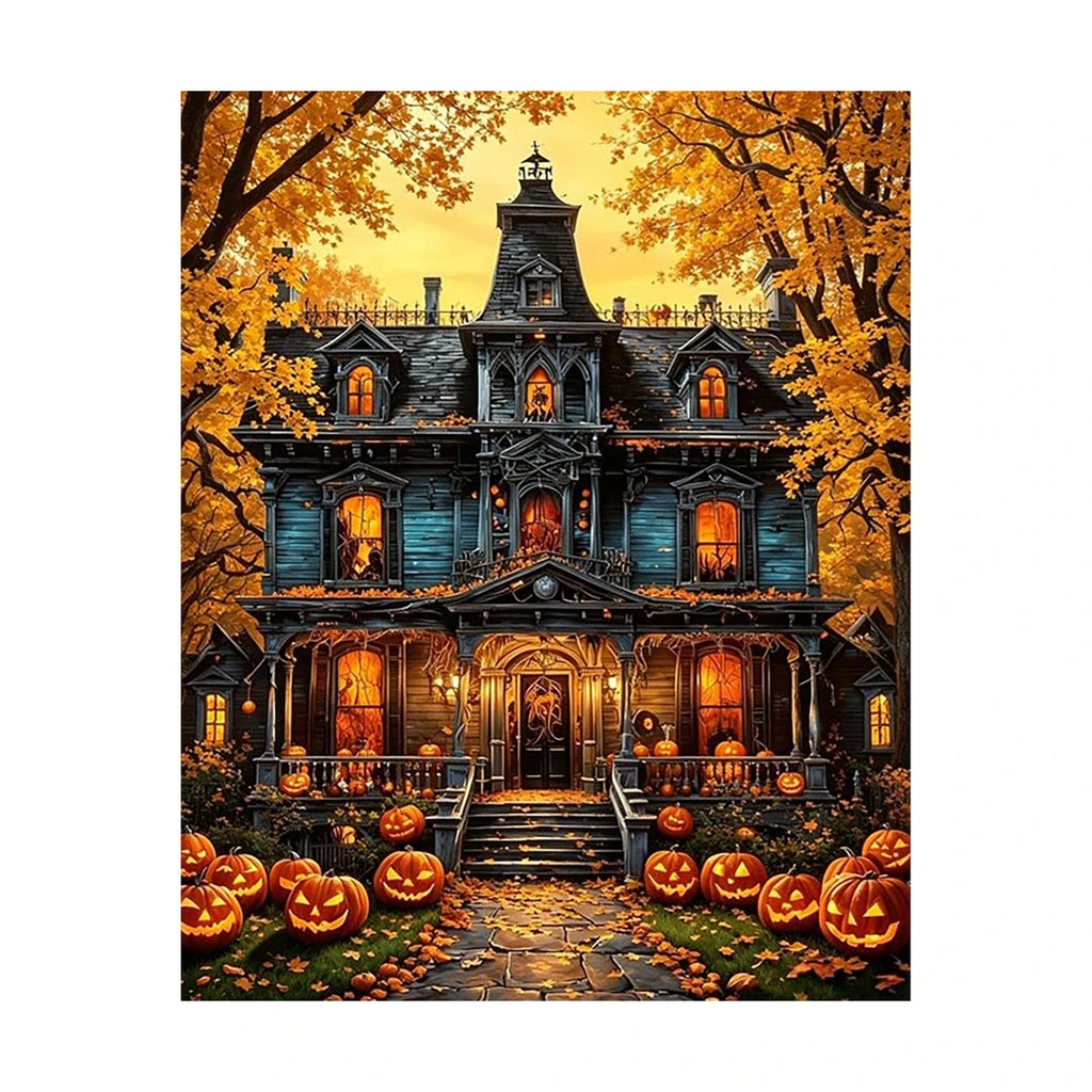 Haunted Pumpkin Mansion Diamond Painting Kit original artwork on white background