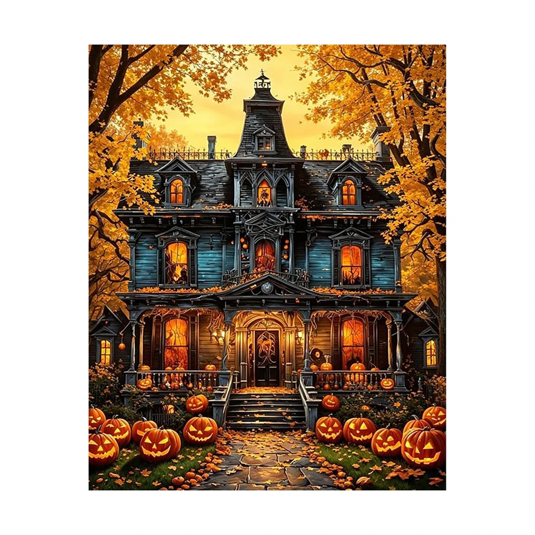 Haunted Pumpkin Mansion Diamond Painting Kit original artwork on white background