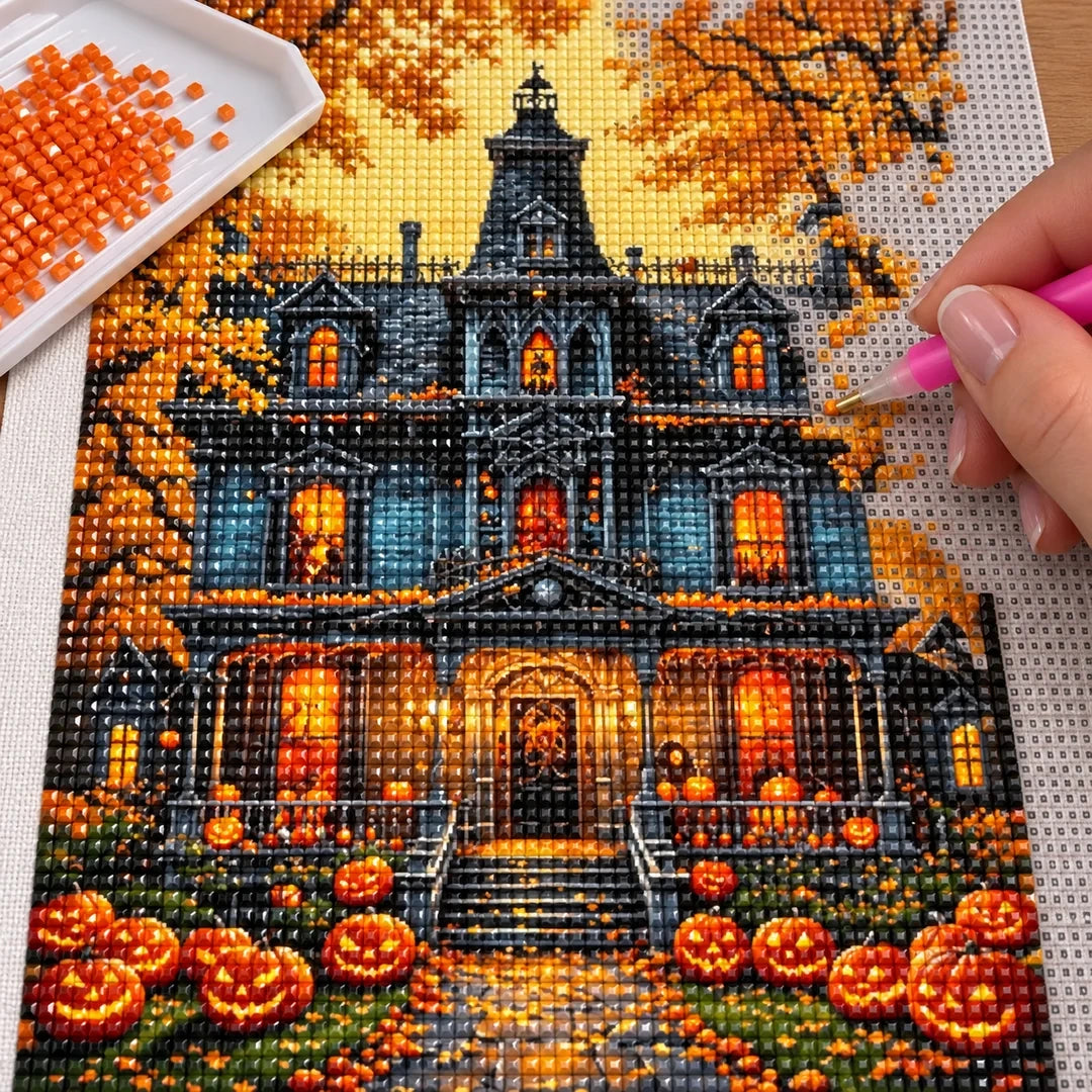 Haunted Pumpkin Mansion Diamond Painting Kit diamond placement process