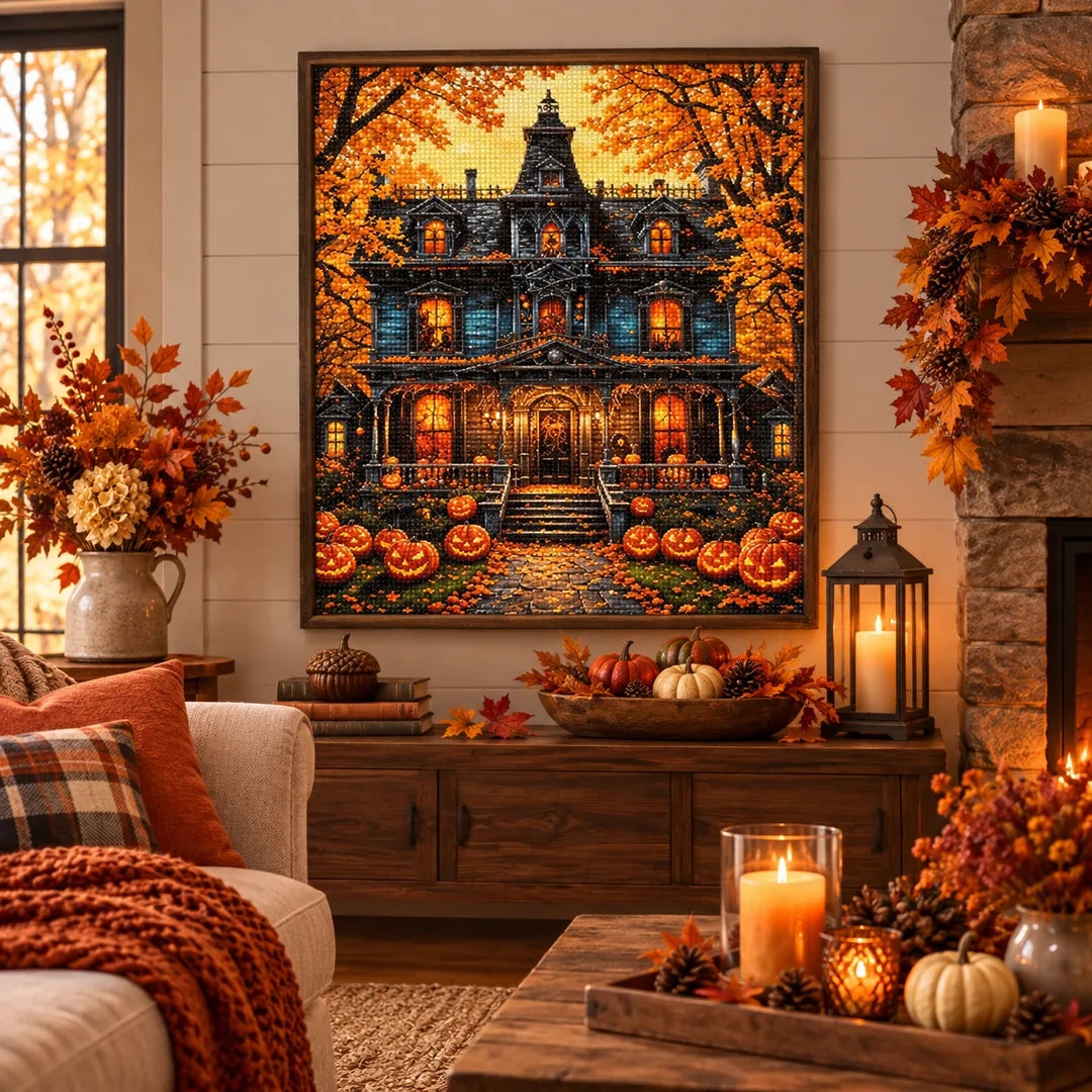 Haunted Pumpkin Mansion Diamond Painting Kit autumn home decor scene