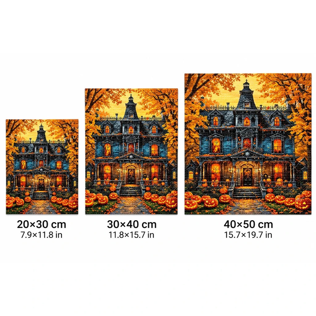 Haunted Pumpkin Mansion Diamond Painting Kit size guide