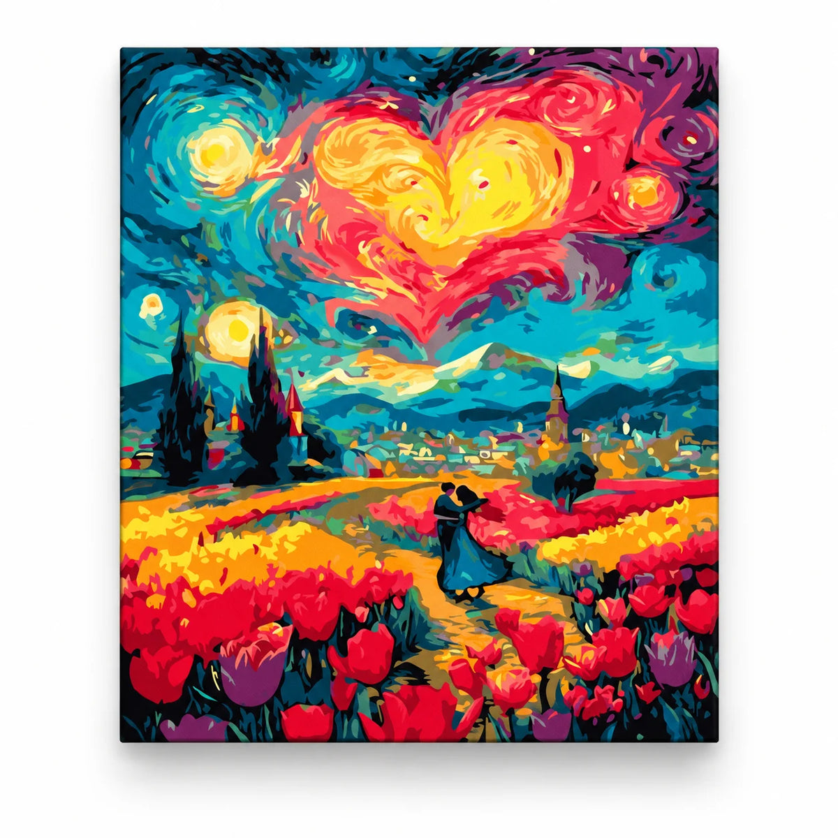 Heart Sky over Tulip Fields paint by numbers artwork on a front-facing canvas against a white background