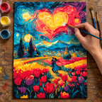Complete Heart Sky over Tulip Fields numbered canvas being painted with acrylic paints and brushes