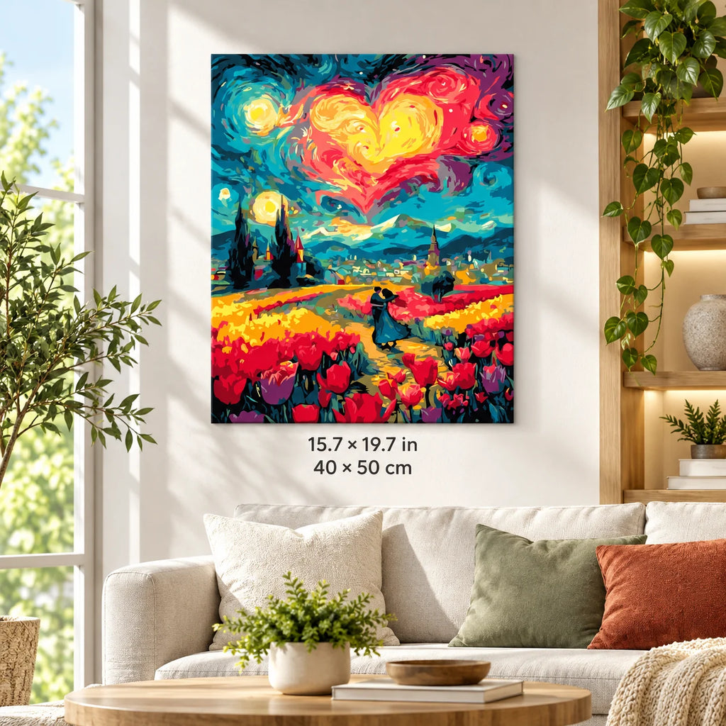 Heart Sky over Tulip Fields shown in a styled room with 15.7 × 19.7 in and 40 × 50 cm dimensions
