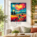 Heart Sky over Tulip Fields shown in a styled room with 15.7 × 19.7 in and 40 × 50 cm dimensions