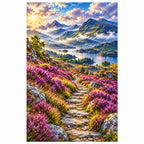 Finished diamond painting of Scottish heather hills on a white background.