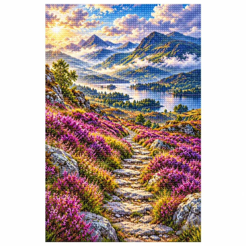 Finished diamond painting of Scottish heather hills on a white background.