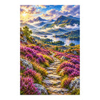Finished diamond painting of Scottish heather hills on a white background.