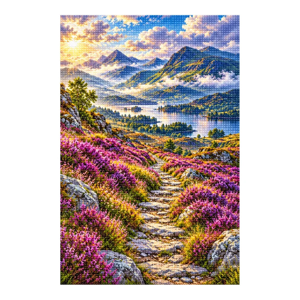 Finished diamond painting of Scottish heather hills on a white background.