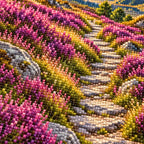 Close-up detail of purple and pink drills in the heather-covered hillside.