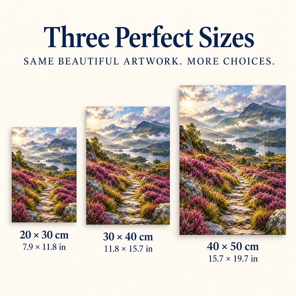Three available sizes for the Scottish heather hills design: 20 × 30, 30 × 40 and 40 × 50 cm.