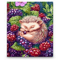 Hedgehog in a Blackberry Garden paint by numbers artwork on a front-facing canvas against a white background