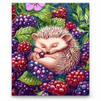 Hedgehog in a Blackberry Garden paint by numbers artwork on a front-facing canvas against a white background