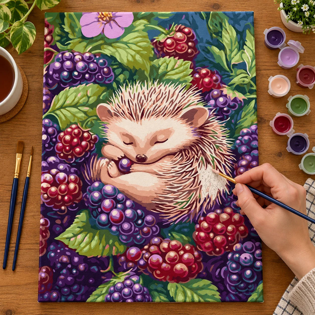 Complete Hedgehog in a Blackberry Garden numbered canvas being painted with acrylic paints and brushes