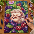 Complete Hedgehog in a Blackberry Garden numbered canvas being painted with acrylic paints and brushes