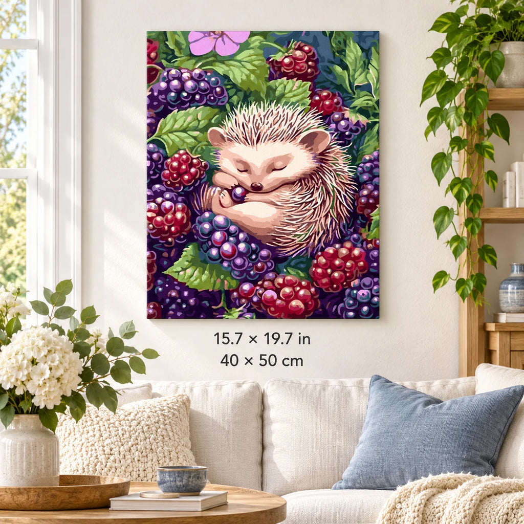 Hedgehog in a Blackberry Garden shown in a styled room with 15.7 × 19.7 in and 40 × 50 cm dimensions